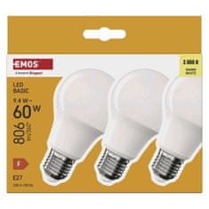 EMOS LED žiarovka Basic A60 / E27 / 9,4 W (60 W) / 806 lm / Teplá biela