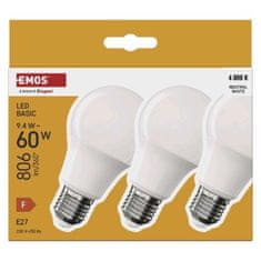 EMOS LED žiarovka Basic A60 / E27 / 9,4 W (60 W) / 806 lm / Neutrálna biela