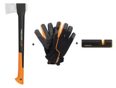 FISKARS Set sekera X24 + ostrič + rukavice 3ks