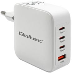 Qoltec Sieťová nabíjačka 140W GaN | 5-20V | 2,5-5A | 3 x USB-C PD | 1 x USB QC 3.0 | Biela