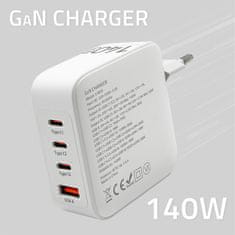 Qoltec Sieťová nabíjačka 140W GaN | 5-20V | 2,5-5A | 3 x USB-C PD | 1 x USB QC 3.0 | Biela