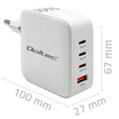 Qoltec Sieťová nabíjačka 140W GaN | 5-20V | 2,5-5A | 3 x USB-C PD | 1 x USB QC 3.0 | Biela