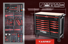 TAGRED Dielenská pojazdná skrinka, 12 zásuviek, drevená doska, sada náradia 479ks TAGRED