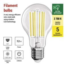 EMOS LED žiarovka Filament A60 A CLASS / E27 / 7,2 W (100 W) / 1521 lm / teplá biela