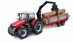 BBurago Farm 10cm Traktor Massey FERGUSSON 8740S - wood trailer