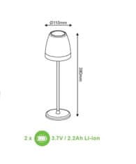 ACA Lightning Prenosná LED lampička ADRIA 2W/2x batéria Li-ion 3,7V-2,2Ah/3000K/150Lm/40°/IP44, sivá