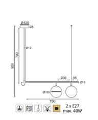 ACA Stropné závesné svietidlo THETIS max. 2x 40W/E27/230V/IP20, farba mosadze