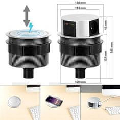 Solight Výsuvný blok zásuviek, 3 zásuvky, USB A+C, 10W bezdrôtová nabíjačka, 1,5m, 3 x 1mm2