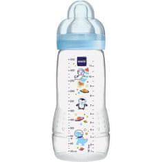 shumee MAM Easy Active Zdobená dojčenská fľaša pre 2. vek - 330 ml - od 6 mesiacov - cumlík Flow X - modrý