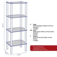 Kela Regál LARS rohový, chróm/sklo, 4. poschodový KL-18051