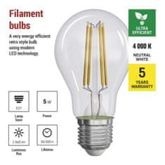 EMOS LED žiarovka Filament A60 A CLASS/ E27 / 5 W (75 W) / 1 060 lm / neutrálna biela