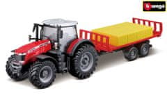 BBurago 10cm Farm tractor Messey Ferguson 8740S s prívesom na balíky