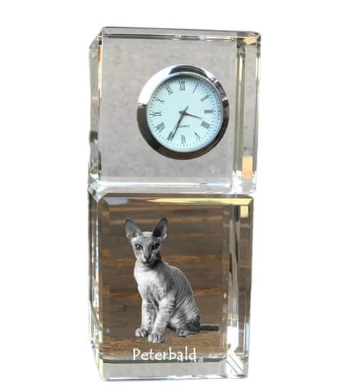 Artdog Peterbald - krištáľové hodinky s fotkou, fotkou mačky v krištáli, personalizované stolové hodiny od Art-Dog