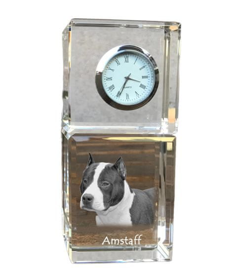 Artdog Americký stafordšírsky teriér, Amstaff, Amstaf - krištáľové hodinky s fotografiou, fotografia psa v krištáli, personalizované stolové hodiny od Art-Dog