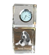 Artdog Basset Hound - krištáľové hodinky s fotografiou, fotografia psa v krištáli, personalizované stolové hodiny od Art-Dog