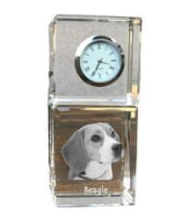 Artdog Beagle - krištáľové hodinky s fotkou, fotkou psa v krištáli, personalizované stolové hodiny od Art-Dog