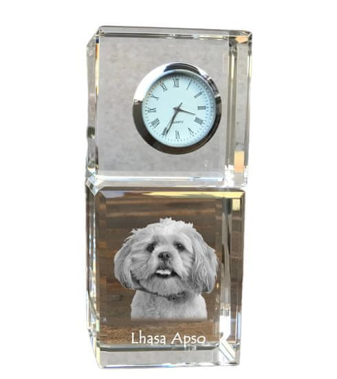 Artdog Lhasa Apso - krištáľové hodinky s fotografiou, fotografia psa v krištáli, personalizované stolové hodiny od Art-Dog