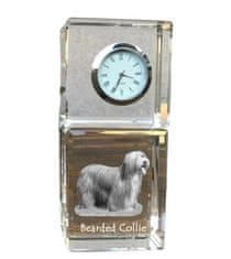 Artdog Bearded Collie, Highland Collie - krištáľové hodinky s fotografiou, fotografia psa v krištáli, personalizované stolové hodiny od Art-Dog