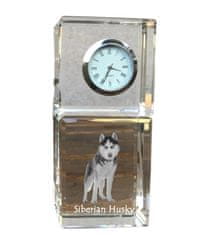 Artdog Sibírsky husky, Sibírsky husky - krištáľové hodinky s fotografiou, fotografia psa v krištáli, personalizované stolové hodiny od Art-Dog