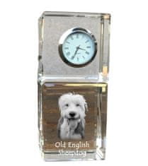 Artdog Old English Sheepdog - krištáľové hodinky s fotografiou, fotografia psa v krištáli, personalizované stolové hodiny od Art-Dog