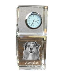 Artdog Austrálsky ovčiak, Aussie - krištáľové hodinky s fotografiou, fotografia psa v krištáli, personalizované stolové hodiny od Art-Dog