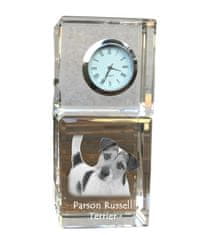 Artdog Parson Russell Terrier - krištáľové hodinky s fotografiou, fotografia psa v krištáli, personalizované stolové hodiny od Art-Dog