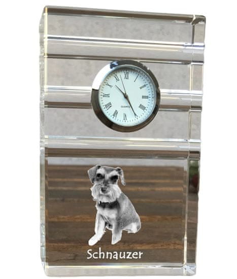 Artdog Schnauzer, Schnauzer - sklenené hodiny s fotografiou, fotografia psa v krištáli, personalizované stojace hodinky do kancelárie od Art-Dog