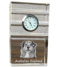 Artdog Austrálsky ovčiak, Aussie - sklenené hodiny s fotografiou, fotografia psa v krištáli, personalizované stojace hodinky do kancelárie od Art-Dog