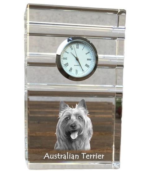 Artdog Austrálsky teriér, Aussie - sklenené hodiny s fotografiou, fotografia psa v krištáli, personalizované stojace hodinky do kancelárie od Art-Dog