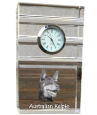 Artdog Austrálsky ovčiak kelpie - sklenené hodiny s fotkou, fotkou psa v krištáli, personalizované stojace hodinky do kancelárie od Art-Dog