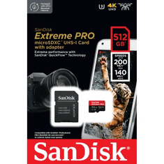 SanDisk Extreme PRO microSDXC 512GB + SD adaptér 200MB/s a 140MB/s A2 C10 V30 UHS-I U3