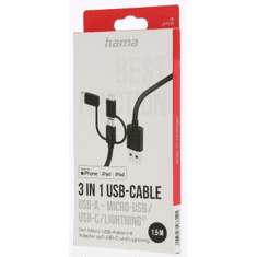 HAMA USB kábel 3v1: micro USB, USB-C, Lightning, 1,5 m