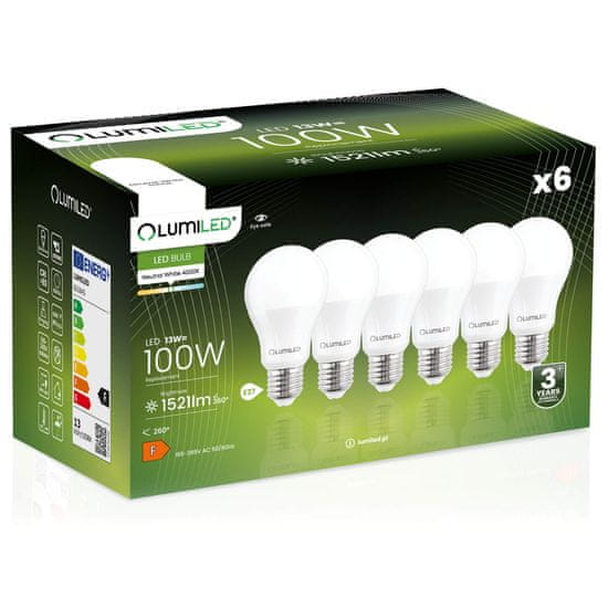 LUMILED 6x LED žiarovka A60 E27 13W = 100W 1521lm 4000K Neutrální bílá 260°