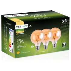 LUMILED 3x Dekoratívna LED žiarovka E27 G95 6W = 50W 660lm 2000K Teplá biela 360° GLOBE AMBER