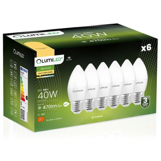 LUMILED 6x LED žiarovka E27 B35 5W = 40W 470lm 3000K Teplá biela 180°