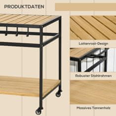 OUTSUNNY Servírovací Vozík, Grilovací Vozík S 2 Policami, Kuchynský Vozík S Háčikmi, Vonkajší Multifunkčný Stôl S Kolieskami, Prírodný, 107 X 65 X 80 Cm 