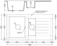 Mexen Matias, granitový drez 900x505x200 mm, 1,5-komorový a drezová batéria Aster, šedá, 6502-71-73450-57-G