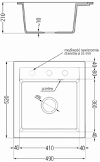 Mexen Vito, granitový drez 520x490x210 mm, 1-komorový, šedá s čiernym sifónom, 6503521000-71-B