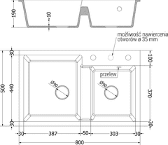 Mexen Tomas, granitový drez 800x500x190 mm, 2-komorový a čierna batéria Telma, čierna, 6516-77-670200-70-B