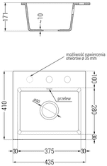 Mexen Milo, 1-komorový granitový drez 435x410x171 mm a drezová batéria Savita, čierna, 6505-77-672601-70