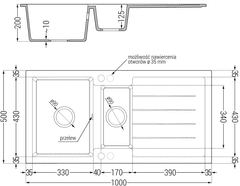 Mexen Andres, granitový drez 1000x500x200 mm, 1,5-komorový + zlatá batéria Duero, čierna, 6515-77-671600-50