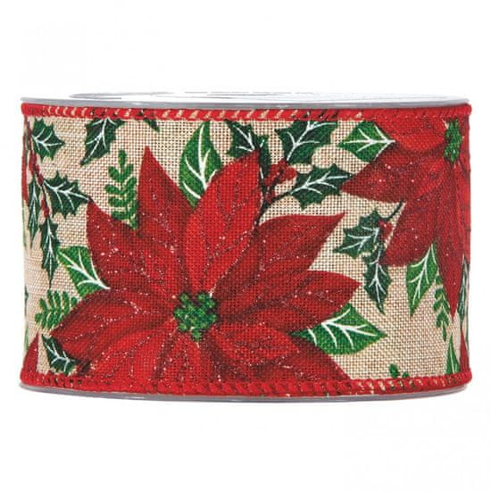 Dům Vánoc Široká vianočná textilná stuha poinsettia 6,3 cm x 10 metrov