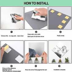 Netscroll Nálepky na stenu s efektom zrkadla, zrkadlo, 4 kusy, vysokokvalitný akryl, 2 mm hrúbka, jednoduchá montáž, samolepiace lístky, vhodné pre steny, dlaždice, sklo, drevo, kov, ReflectMirror