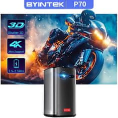 Byintek P70 3D 4K Mini prenosný projektor | DLP Auto Focus, Smart Android WiFi LED 1080P s batériou pre domáce kino