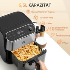 HOMCOM Teplovzdušná Fritéza Fritéza S Dotykovým Displejom 6,5 L 1350 W Dizajnová Fritéza 4 V 1 S Časovačom, Okienkom, Nepriľnavým Košom A Ochranou Proti Prehriatiu 