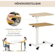 HOMCOM Stojanový Stôl Výškovo Nastaviteľný S Kolieskami, Tvar C, Priestorovo Nenáročný, Stolík Na Notebook, Prírodný + Biely, 70-110 Cm, Do 70 Kg 