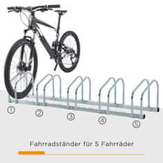 HOMCOM Stojan Na Bicykle, Stojan Na Bicykle, Odolný Voči Poveternostným Vplyvom, Odolný, Montáž Na Podlahu A Stenu, Oceľ, Až 5 Bicyklov, Strieborná, 145 X 33 X 27 Cm 