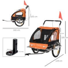 HOMCOM Detský Prívesný Vozík Za Bicykel Detský Príves Na Bicykel Pre 2 Deti S Vlajkou Proti Dažďu Priedušná Oceľ Oranžová + Čierna 142 X 85 X 105 Cm 