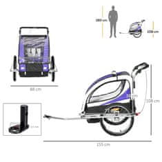 HOMCOM Detský Prívesný Vozík Detský Prívesný Vozík Za Bicykel Pre 2 Deti S Pláštenkou Priedušná Fialová + Čierna 155 X 88 X 108 Cm 