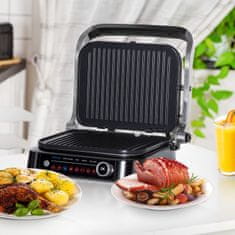 HOMCOM Elektrický Gril Kontaktný Gril 95° Sklopný, Optigrill, Inteligentné Ovládanie Času, 2100W, 8 Režimov, 38X33X20Cm 